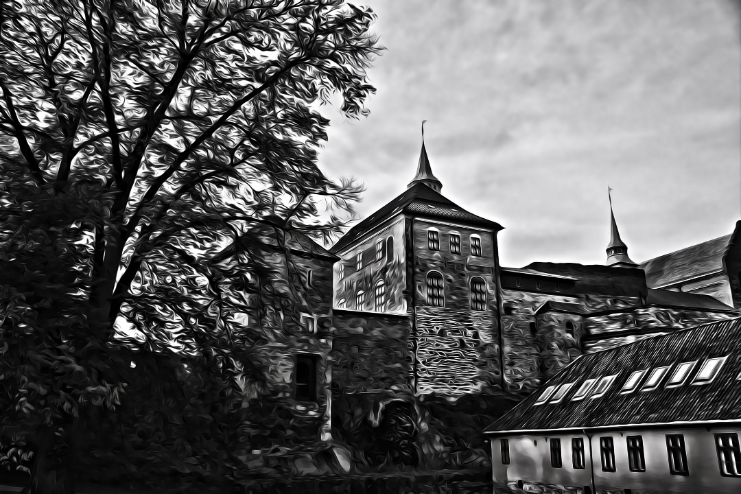A black and white photo of Akershus Fortress in Oslo with a painterly edit