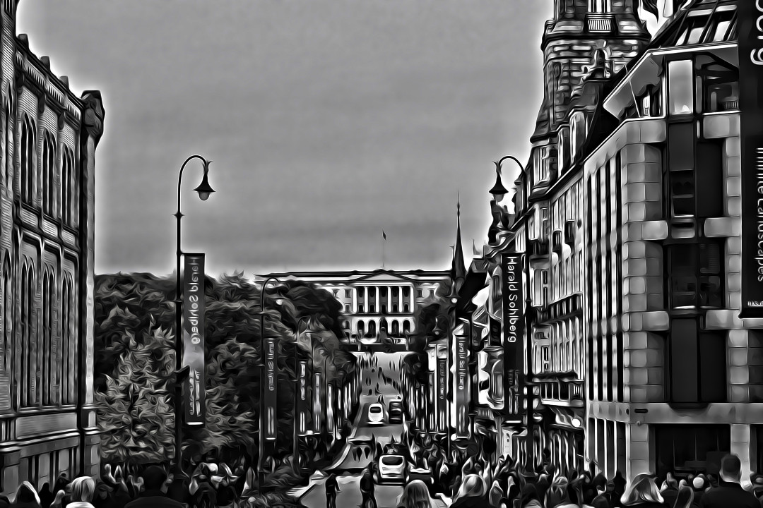A black and white photo of Karl Johan Street in Oslo with a painterly edit