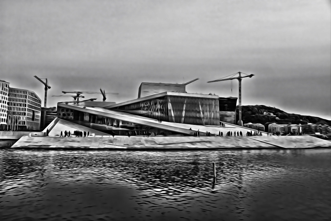 A black and white photo of the Oslo Opera House with a painterly edit