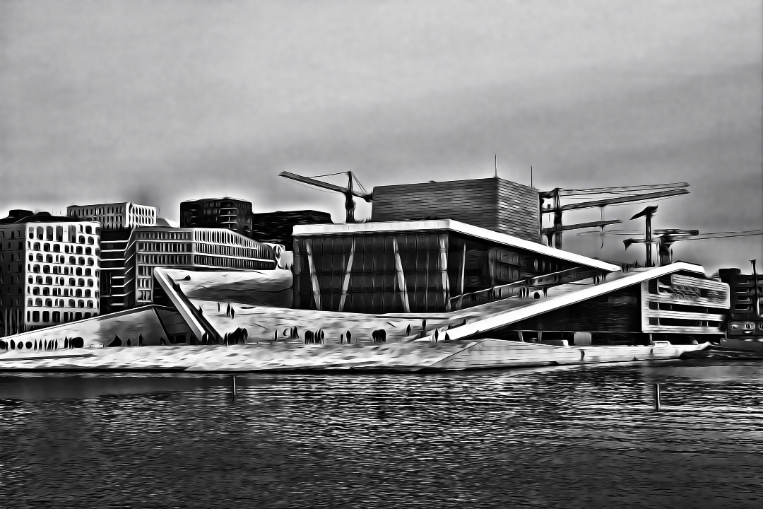 A black and white photo of the Oslo Opera House with a painterly edit