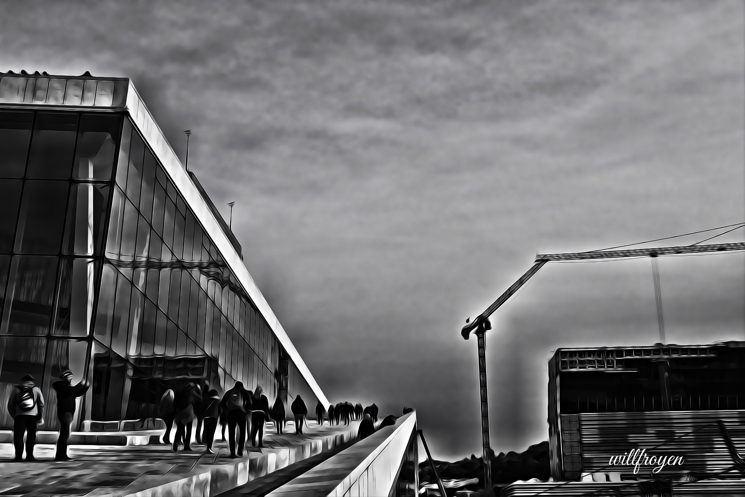 A black and white photo of the Oslo Opera House with a painterly edit