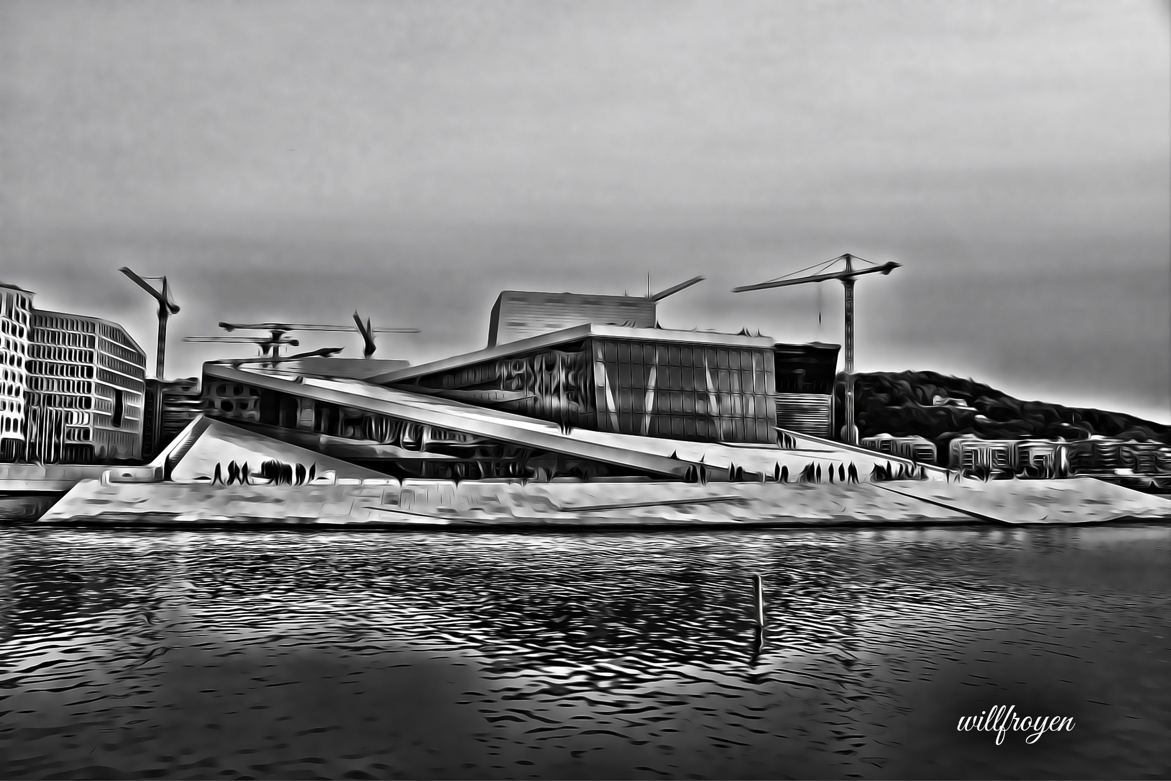A black and white photo of the Oslo Opera House with a painterly edit