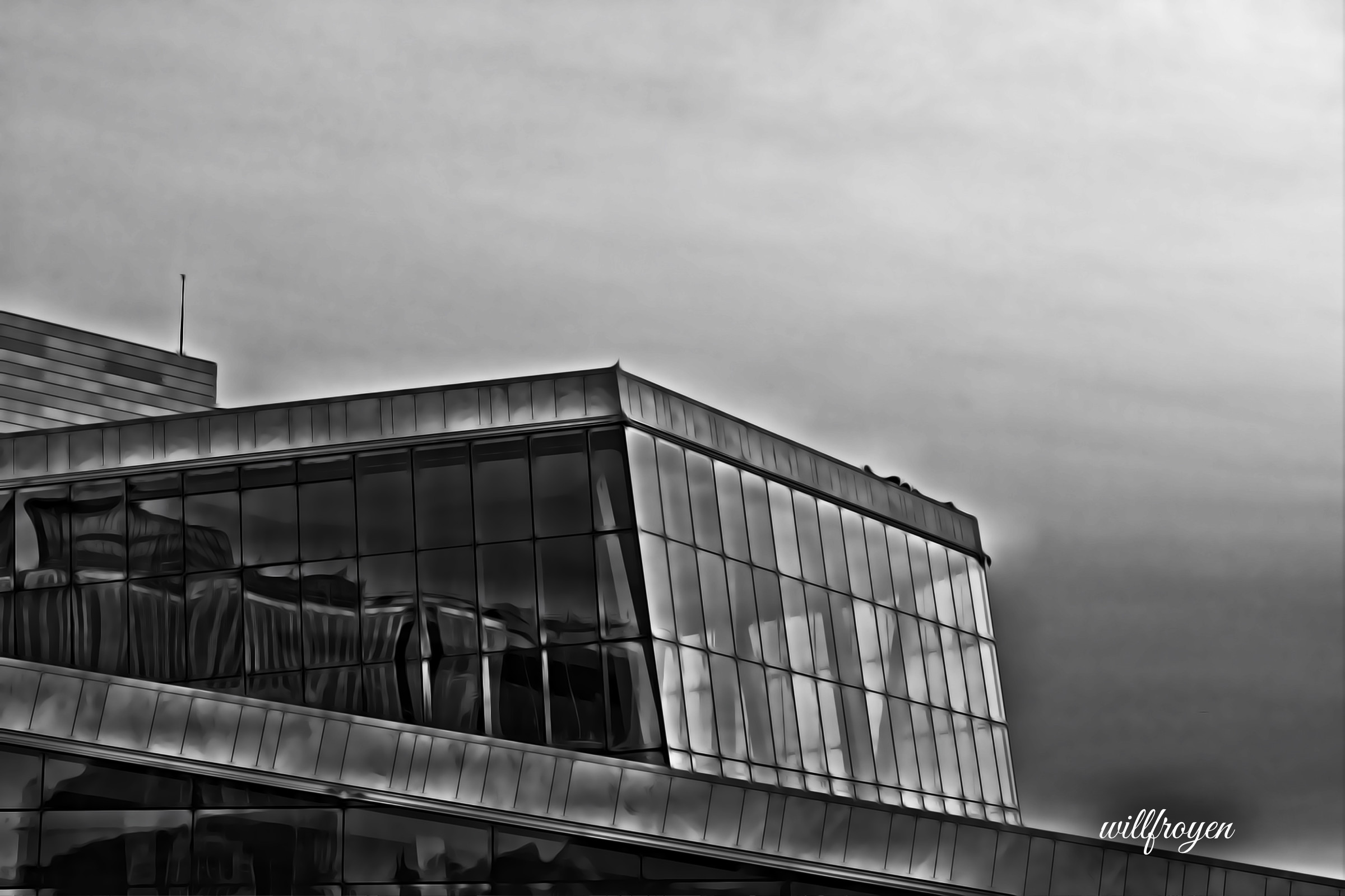 A black and white photo of the Oslo Opera House with a painterly edit