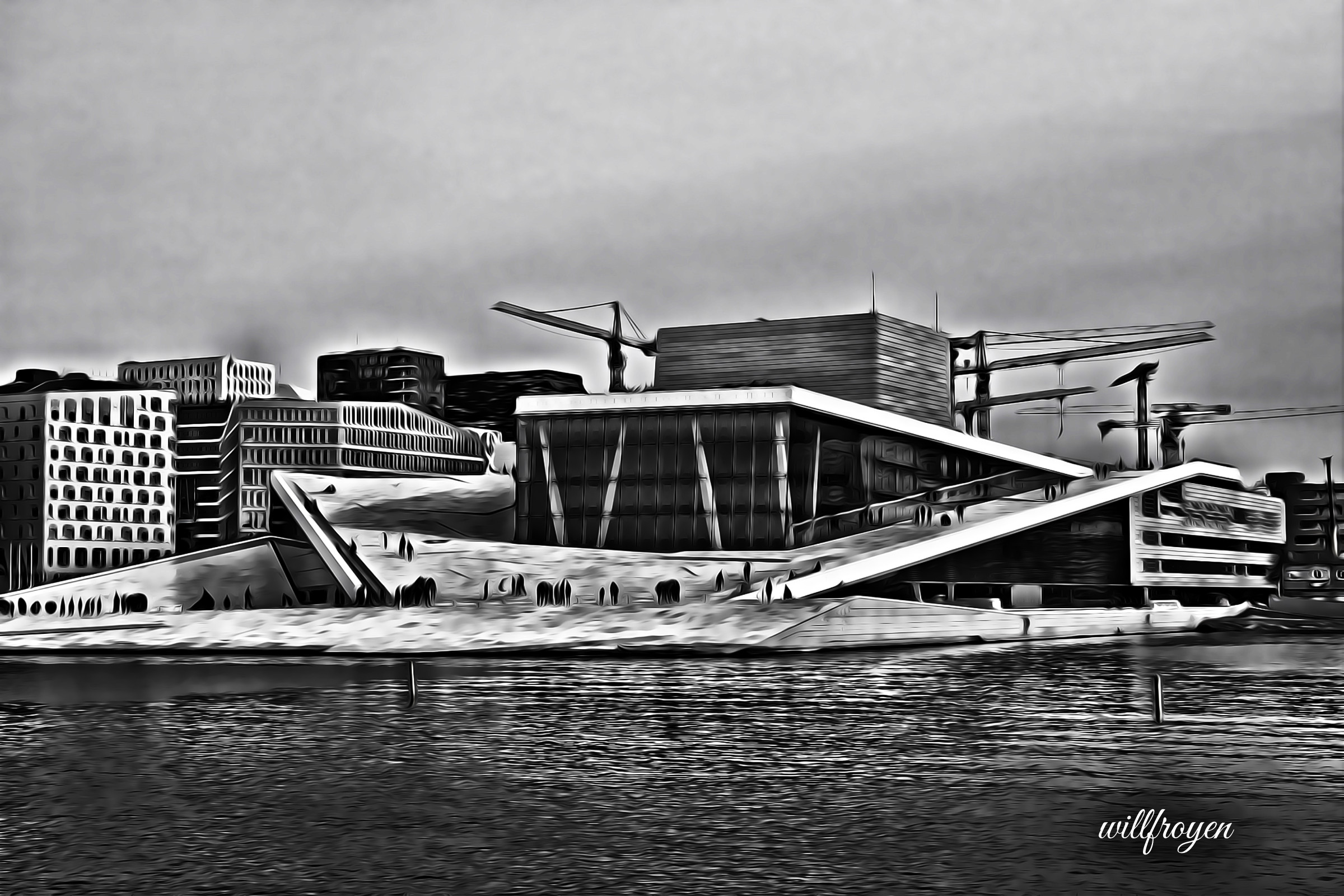 A black and white photo of the Oslo Opera House with a painterly edit