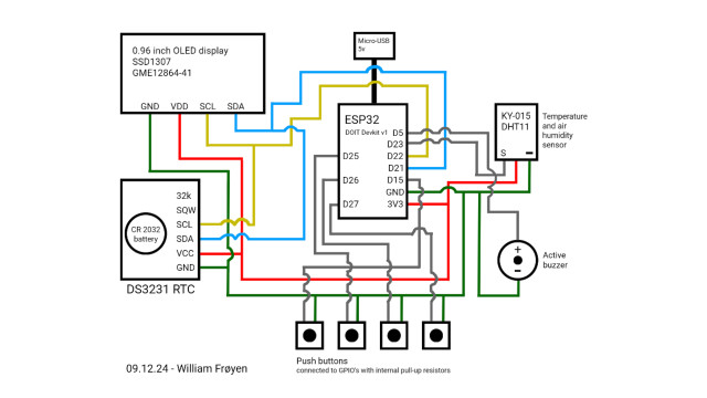 A circuit diagram of an ESP32 alarm clock project